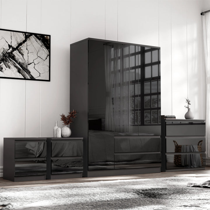 [Black] high gloss black 3 door wardrobe with chest of drawers and two 2 drawer bedsides arranged against white panelled wall