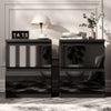 [Black] Two matching glossy black nightstands in a modern room setting, styled with a lamp, books, a digital clock, and a vase of flowers.