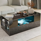 [Black] Black high gloss LED coffee table beside grey sofa with twigs vase and bowl styled on top