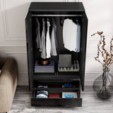 [Black] Open wardrobe view showing hanging rail, coats, shirts, hinges, handbag, hat, and lower drawers