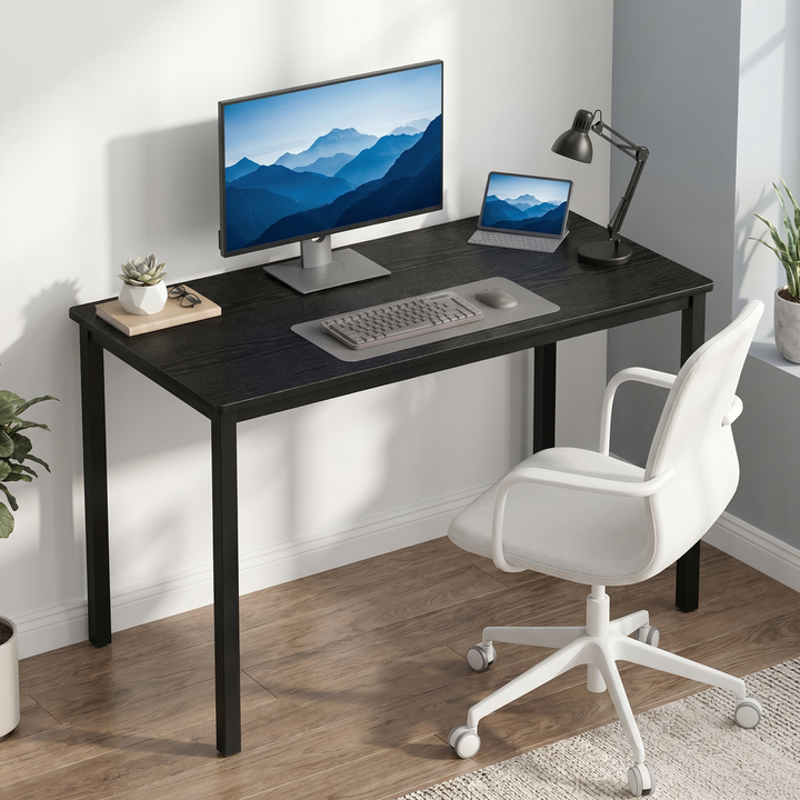 [100 X 50 cm] Home Office Desk styled in a bright corner with monitor, tablet, keyboard, anglepoise lamp, succulent, and white swivel chair on wooden floor 100 x 50cm