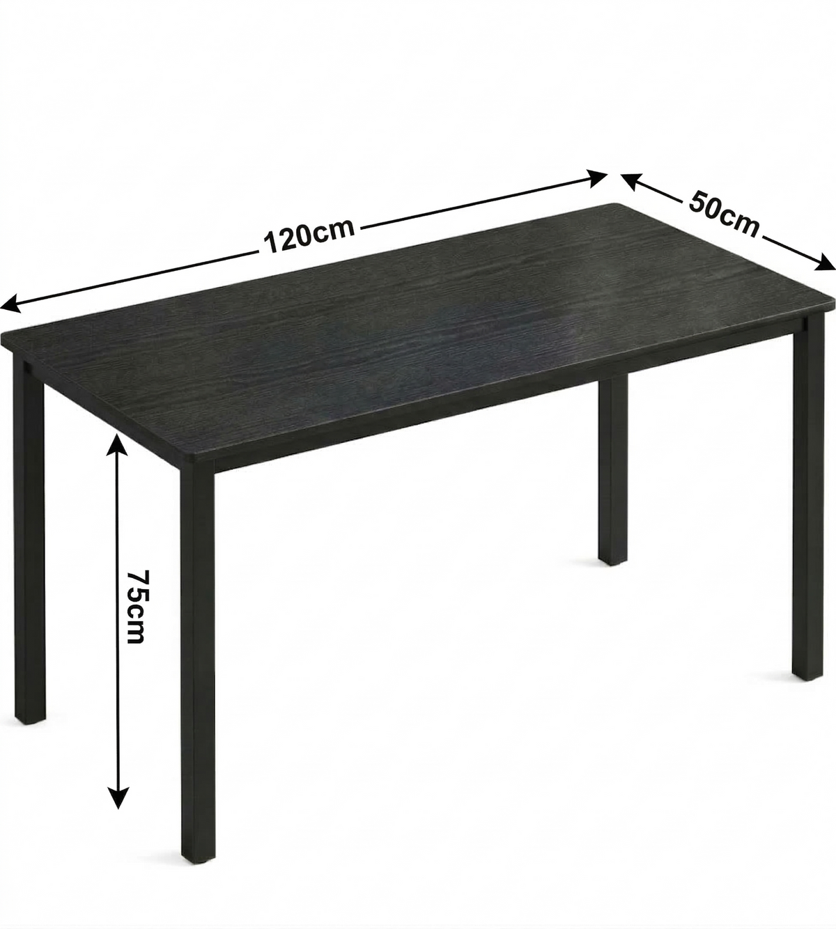 [120 X 50 cm] Home Office Desk dimensions diagram showing 120cm length, 50cm width, and 75cm height with arrows on a white background