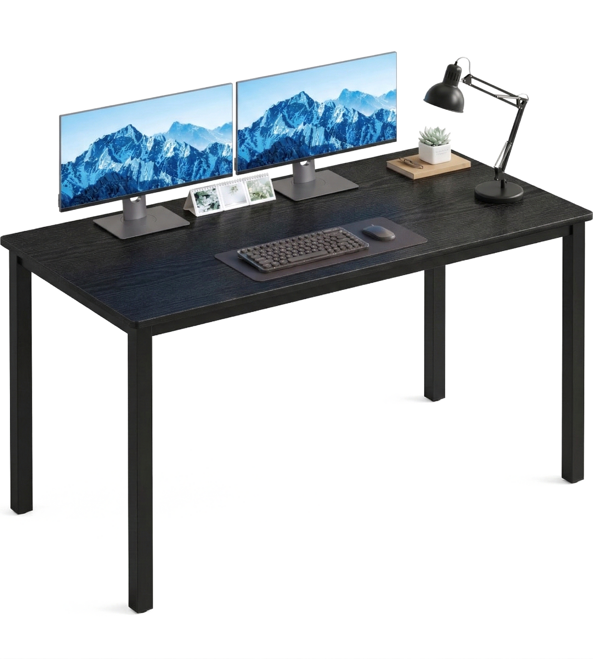 [120 X 50 cm] Home Office Desk shown on plain white background with dual monitors, keyboard, mouse, anglepoise lamp, and succulent in white pot