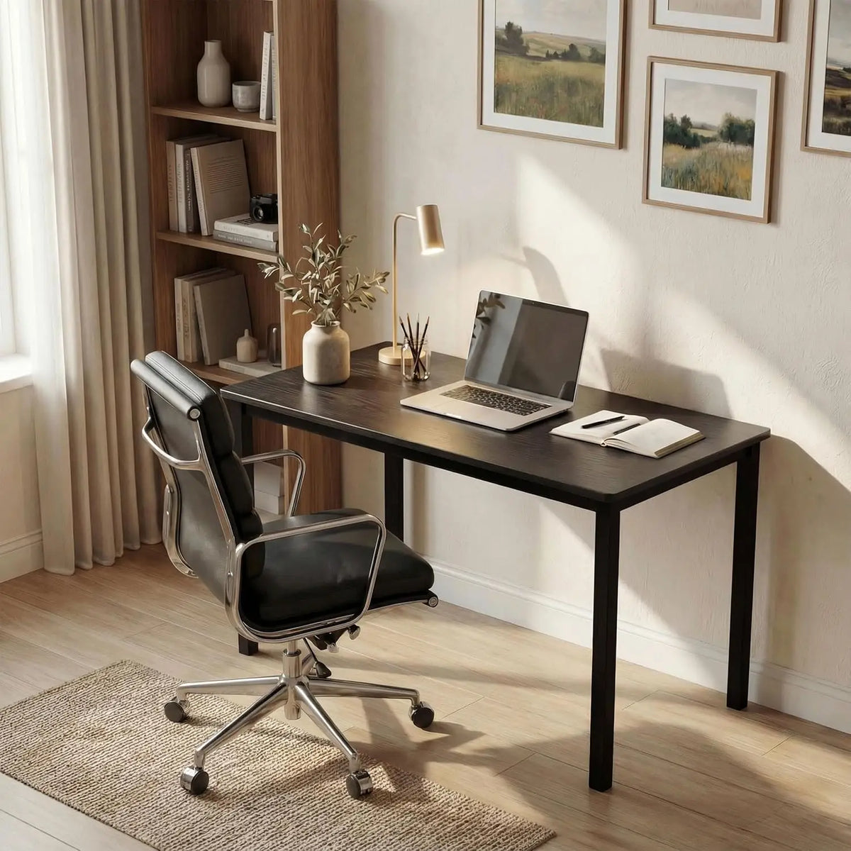 [120 X 50 cm] Home Office Desk arranged in a sunlit study corner with leather chair, laptop, brass lamp, vase of olive branches, and framed landscape art