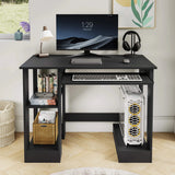 [Black] Small computer desk in black, front view with monitor, lamp, headphones and PC tower on right base shelf