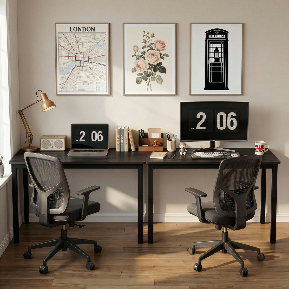 [100 X 50 cm] Black computer tables 100x50cm in dual setup, two mesh chairs tucked under