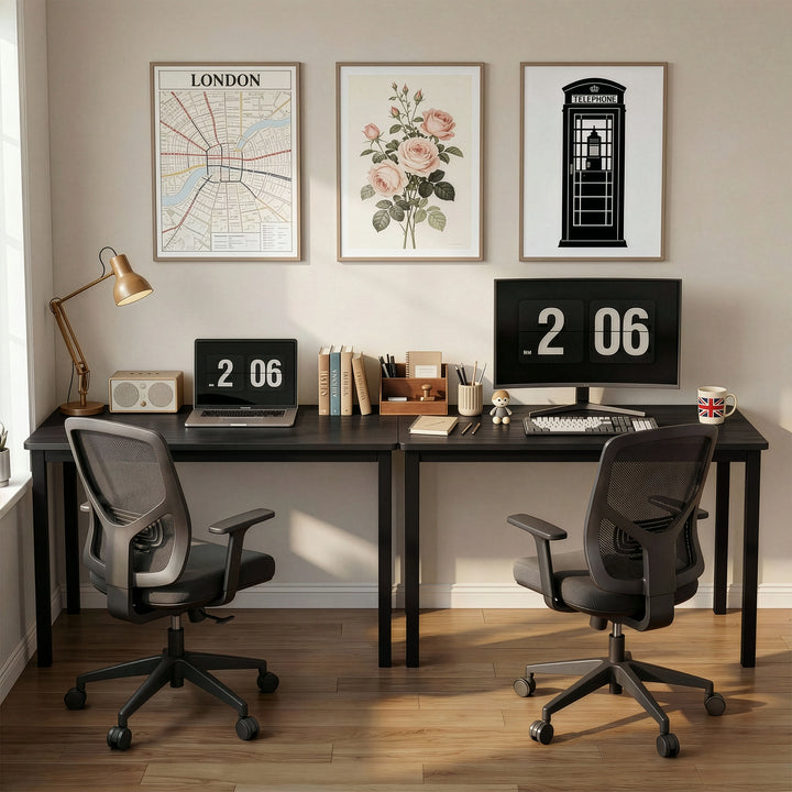 [120 X 50 cm] Twin 120cm black desks against panelled wall with matching digital clocks