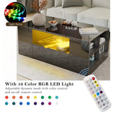 [Black] LED coffee table with 16-color RGB lighting and remote, featuring drawers and open shelving for multifunctional use.