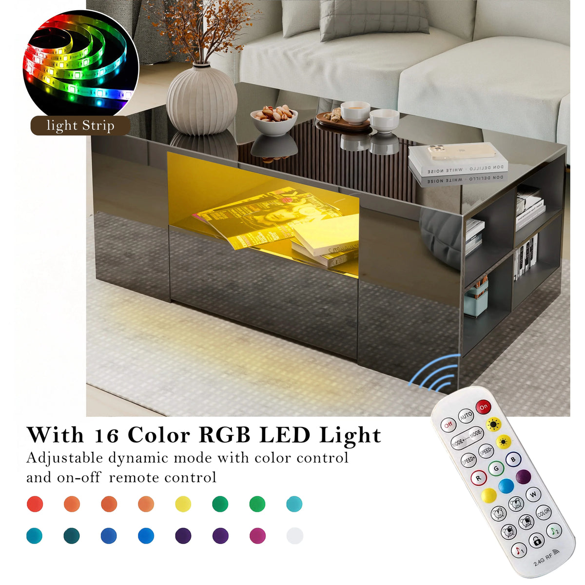 [Black] LED coffee table with 16-color RGB lighting and remote, featuring drawers and open shelving for multifunctional use.