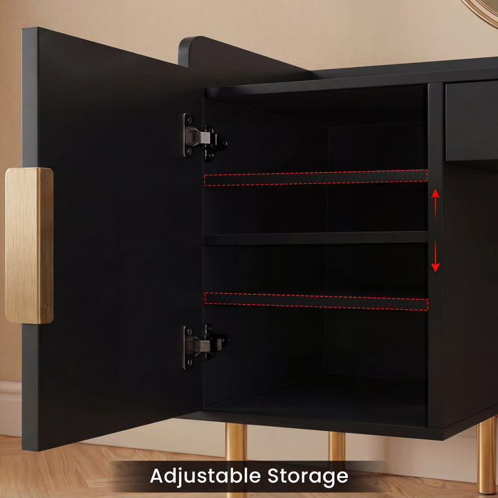 [Black] Open cabinet of a black dressing table highlighting adjustable storage shelves and elegant gold handle and leg details