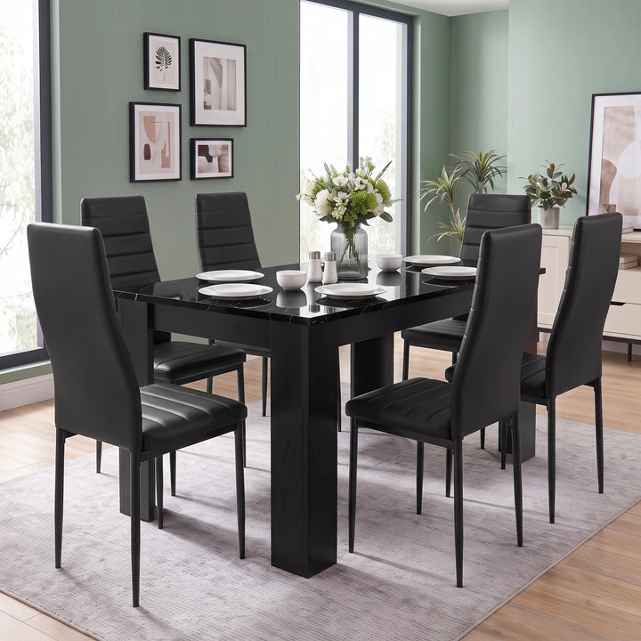 [6 Seater | Black] Eye-level angled view of the Black Marble Effect Dining Table and 6 Black Chairs Set in a modern dining room.