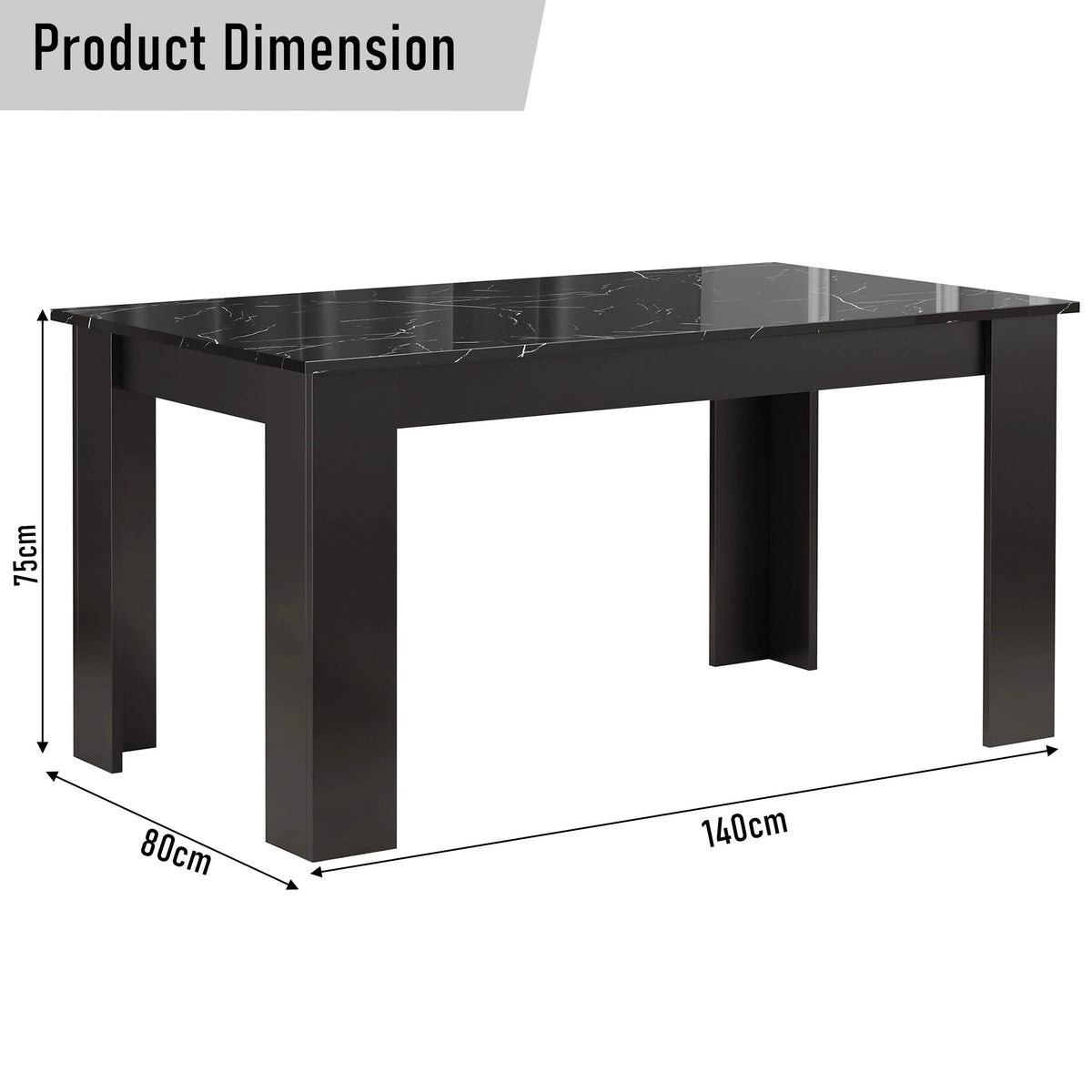 [6 Seater | Grey] Dining table dimensions: 140cm length, 80cm width, 75cm height, with a high gloss black marble finish.