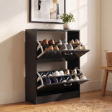 [Black Marble] A black open shoe rack with two tiers and sliding shelves, shown holding multiple pairs of shoes in a styled room with a framed print, plant, and woven basket.