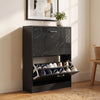 [Black Marble] 2 door slim shoe cabinet, top compartment tilted open, round mirror and vase on top
