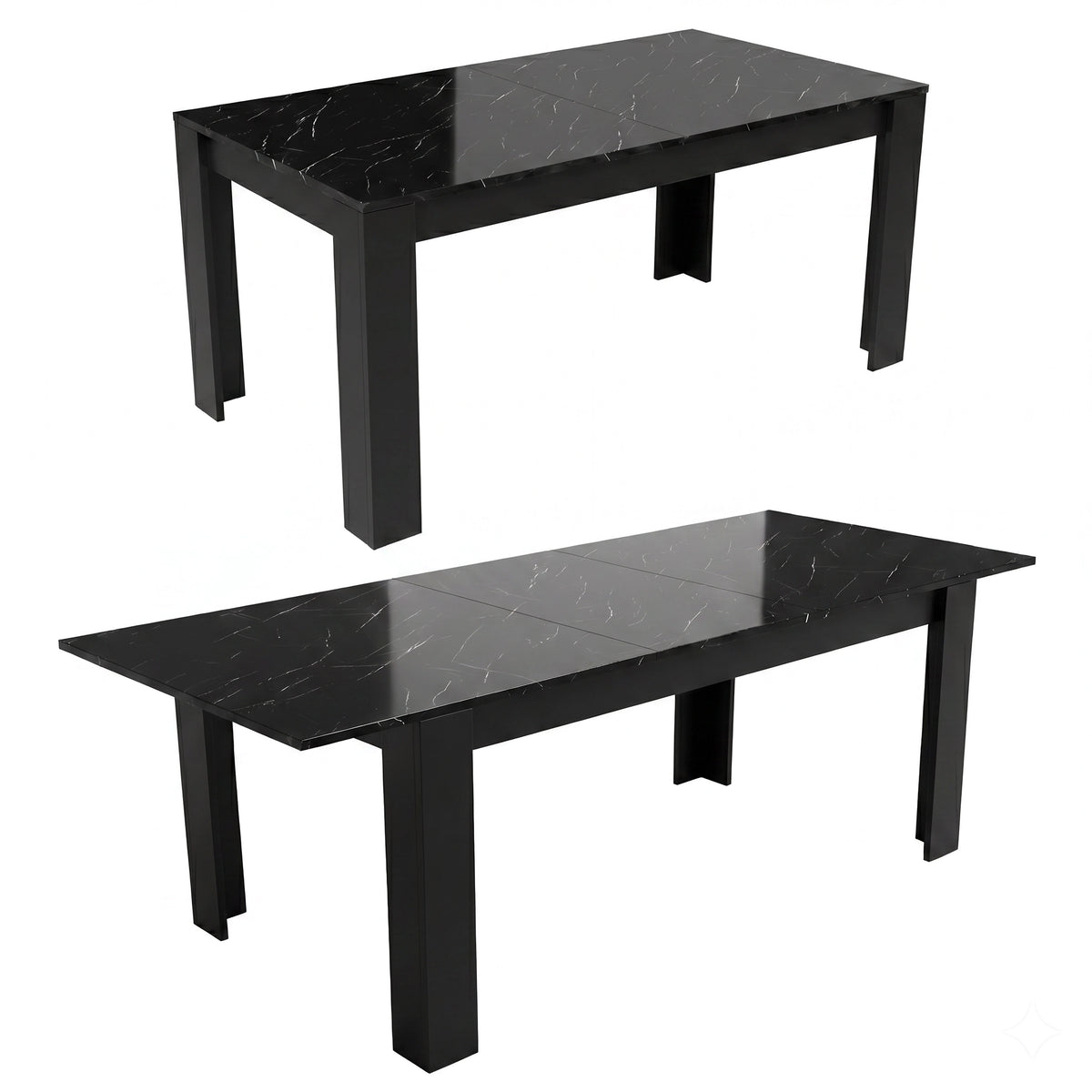 [Black Marble] Two studio views show the table closed and extended; the glossy veined top stands on thick black legs.