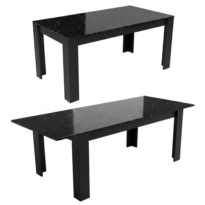 [Black Marble] Two studio views show the table closed and extended; the glossy veined top stands on thick black legs.