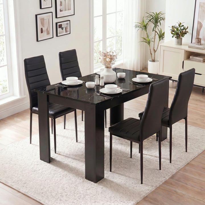 [4 Seater | Black] Gloss Black Marble Finish 4-6 Seater Dining Table and Chairs Set showing four black chairs and plates.