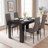 [4 Seater | Grey] Gloss Black Marble Finish 4-6 Seater Dining Table and Chairs Set with four chairs, bowls, and a white vase.