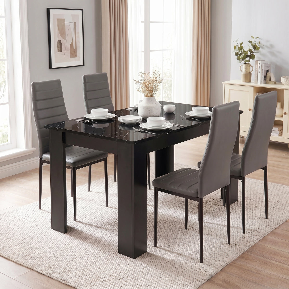[4 Seater | Grey] Gloss Black Marble Finish 4-6 Seater Dining Table and Chairs Set with four chairs, bowls, and a white vase.