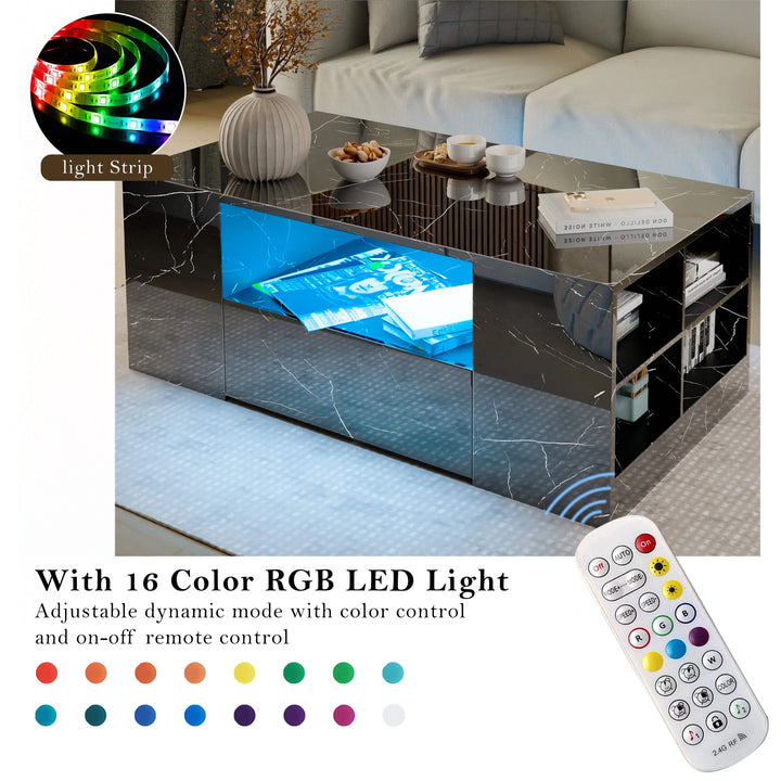 [Black Marble] Living room with a coffee table featuring RGB LED light strip and remote control.