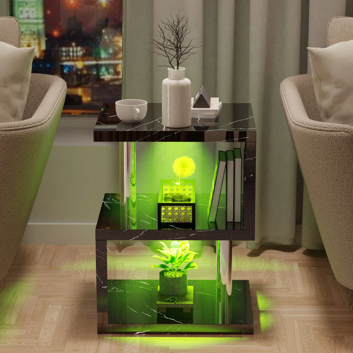 [Black Marble] Black marble high gloss sofa side table between two cream armchairs with green LED glow at night