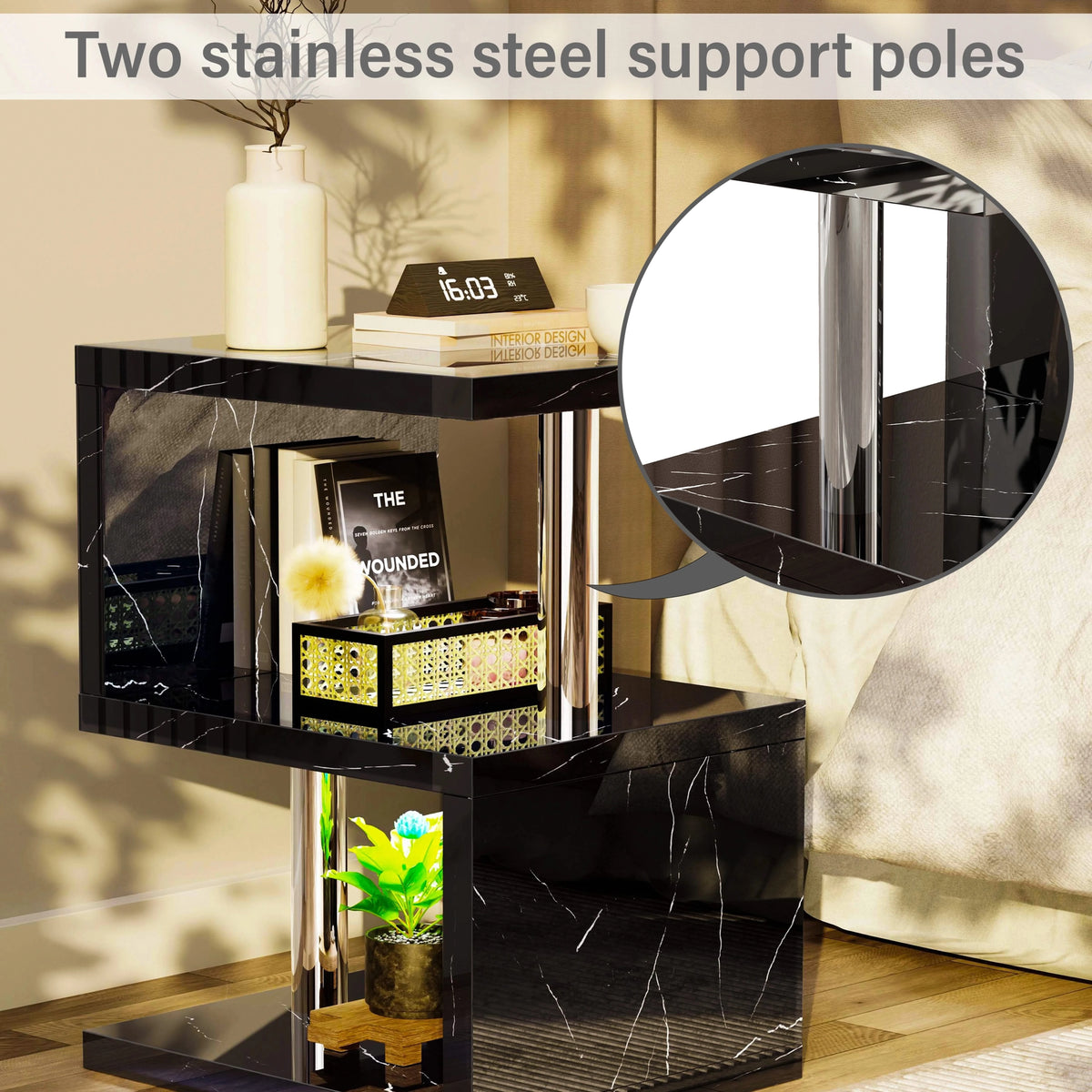 [Black Marble] Black marble high gloss side table support pole detail beside book and clock on the middle tier