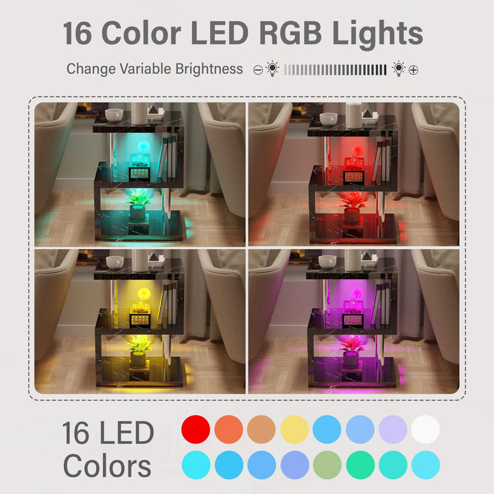 [Black Marble] RGB LED lighting options for black marble finish end table, featuring 16 color modes and brightness control.