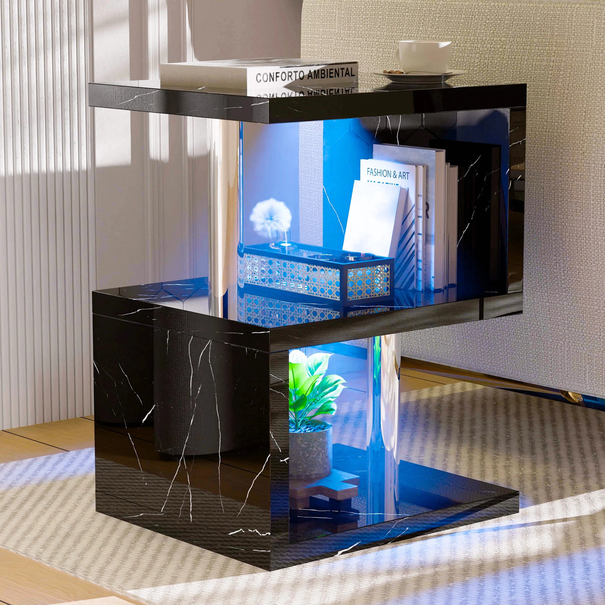 [Black Marble] Black marble S-shape side table top with espresso cup, blue LED bottom shelf and book on middle tier