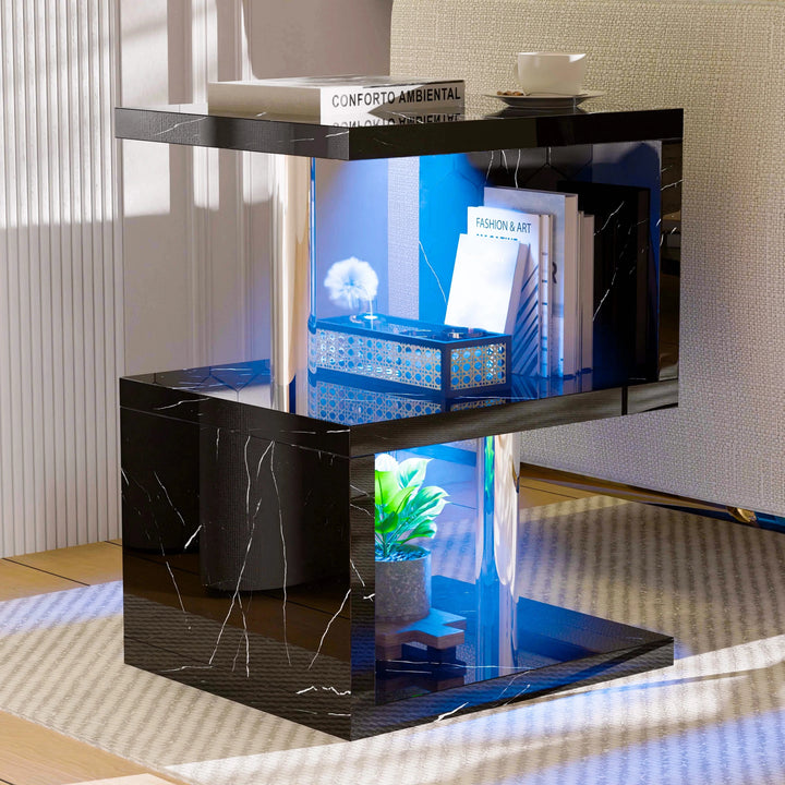 [Black Marble] Black marble S-shape side table top with espresso cup, blue LED bottom shelf and book on middle tier