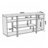 [Black Marble] Zelumi TV stand dimension diagram showing 140cm width, 62cm height, 31cm depth, with internal shelf spacing measurements labelled
