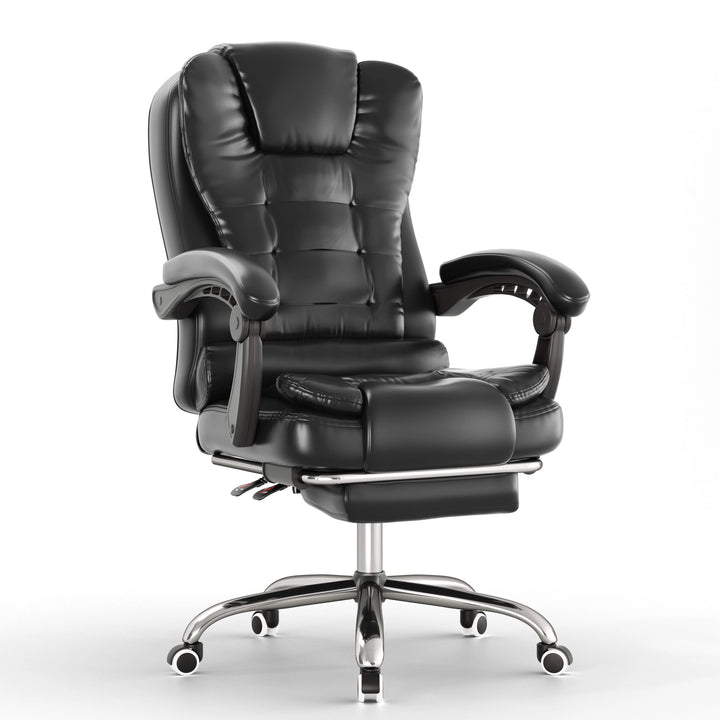 [Black] Black office chair with reclining feature on a white background