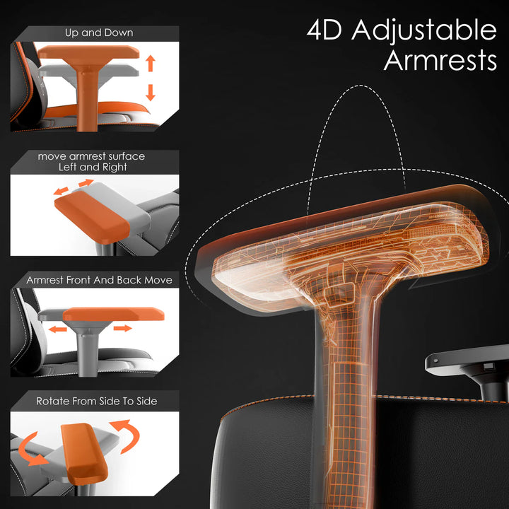[Black + Orange] Xstriker Gaming Chair with 4D adjustable armrests showing up/down, side-to-side, front/back, and rotation functions for ergonomic comfort.