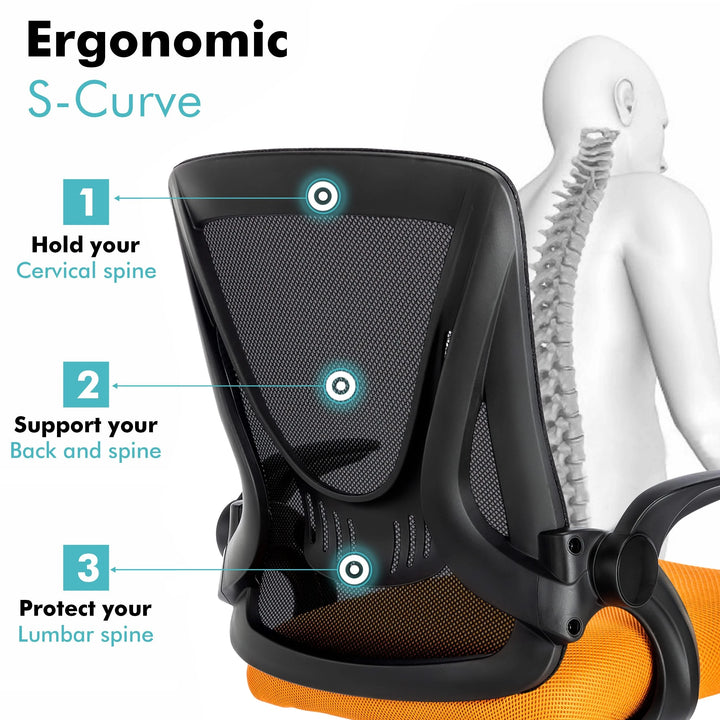 [Black + Orange] Small office desk chair with mesh backrest, promoting ergonomic benefits to reduce spine strain during extended sitting.
