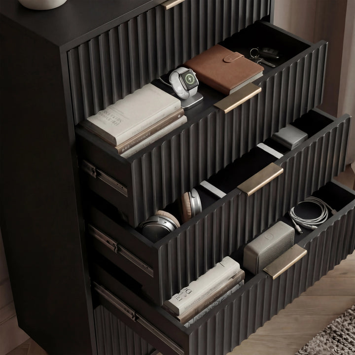 [Black] flutrina 5 drawer unit with drawers open to reveal interior storage compartments with golden handles