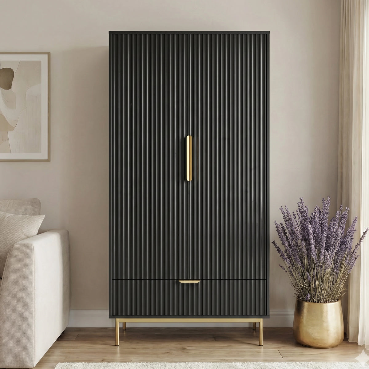 [Black]  painted 2 door wardrobe with integrated lower drawer in modern room setting with natural lighting