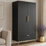 [Black] double door wardrobe cabinet with vertical panel design, golden handles and a lower drawer