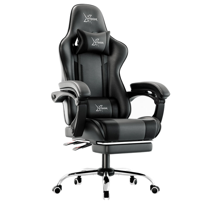 [Black] Xstriker Gaming Chair With Footrest in black PU leather featuring ergonomic lumbar support, reclining backrest, and padded armrests for home or office use. Ideal for gamers and professionals seeking comfort and style in a PC desk chair.
