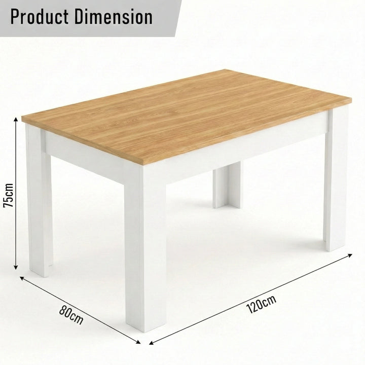 [4 Seater | Black] Dining Table and Chairs Set dimension diagram showing 120cm length, 80cm width, and 75cm height with oak-effect pine top and white base
