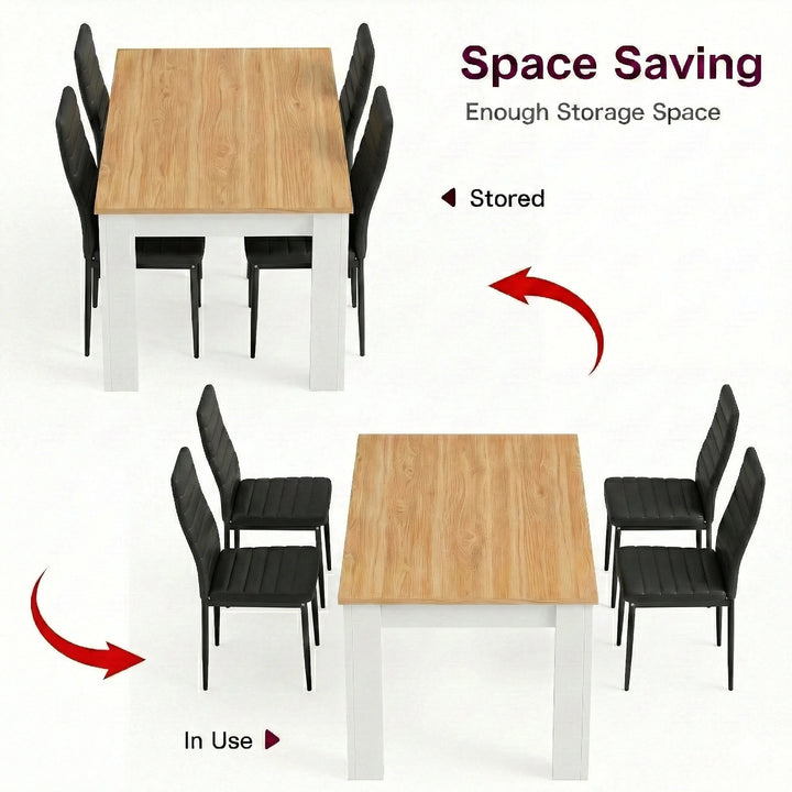 [4 Seater | Black] Dining table with chairs shown in two positions: stored and in use, highlighting space-saving feature.