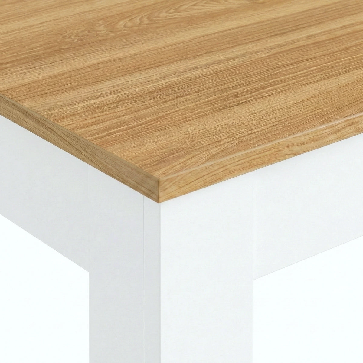 [4 Seater | Black] Dining Table and Chairs Set close-up corner detail showing oak-effect pine tabletop surface texture and white painted table leg