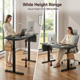 [120cm x 60cm] split shot of 120cm black standing desk raised to 120cm with woman standing and at 72cm with her seated