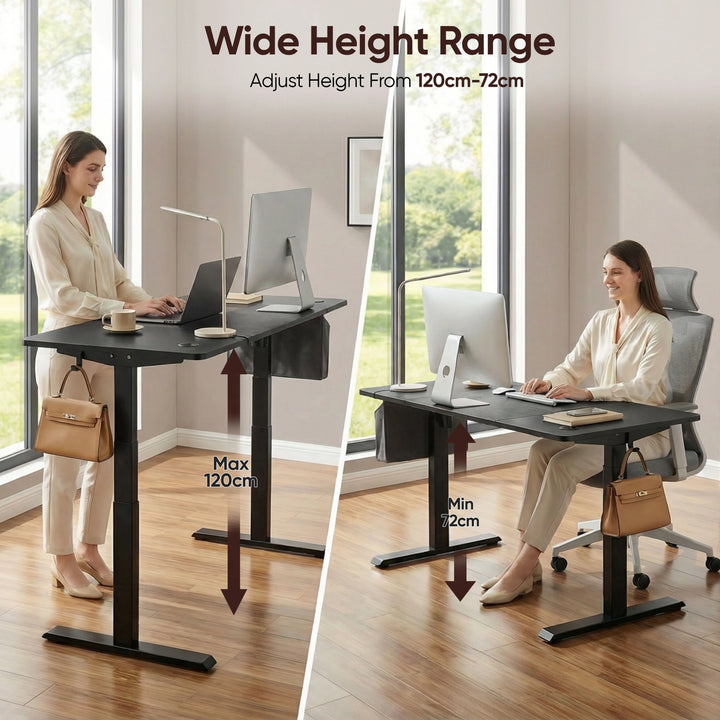 [120cm x 60cm] split shot of 120cm black standing desk raised to 120cm with woman standing and at 72cm with her seated