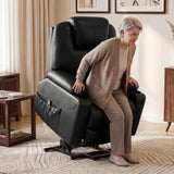 [Black] Electric Recliner Chair For Elderly in black leather with riser function, shown assisting an elderly woman to stand in a cozy living room setting