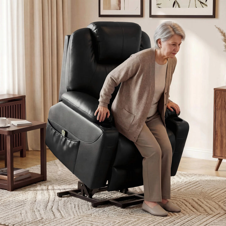 [Black] Electric Recliner Chair For Elderly in black leather with riser function, shown assisting an elderly woman to stand in a cozy living room setting
