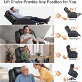 [Black] Electric Recliner Chair For Elderly | Riser Massage Armchair shown in multiple recline positions including 140° for napping, 120° for watching TV, 90° for reading, and 45° lift assist