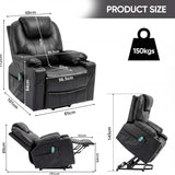 [Black] Electric Recliner Chair For Elderly | Riser Massage Armchair in black leather with heat and massage, shown in upright and reclined positions with dimensions