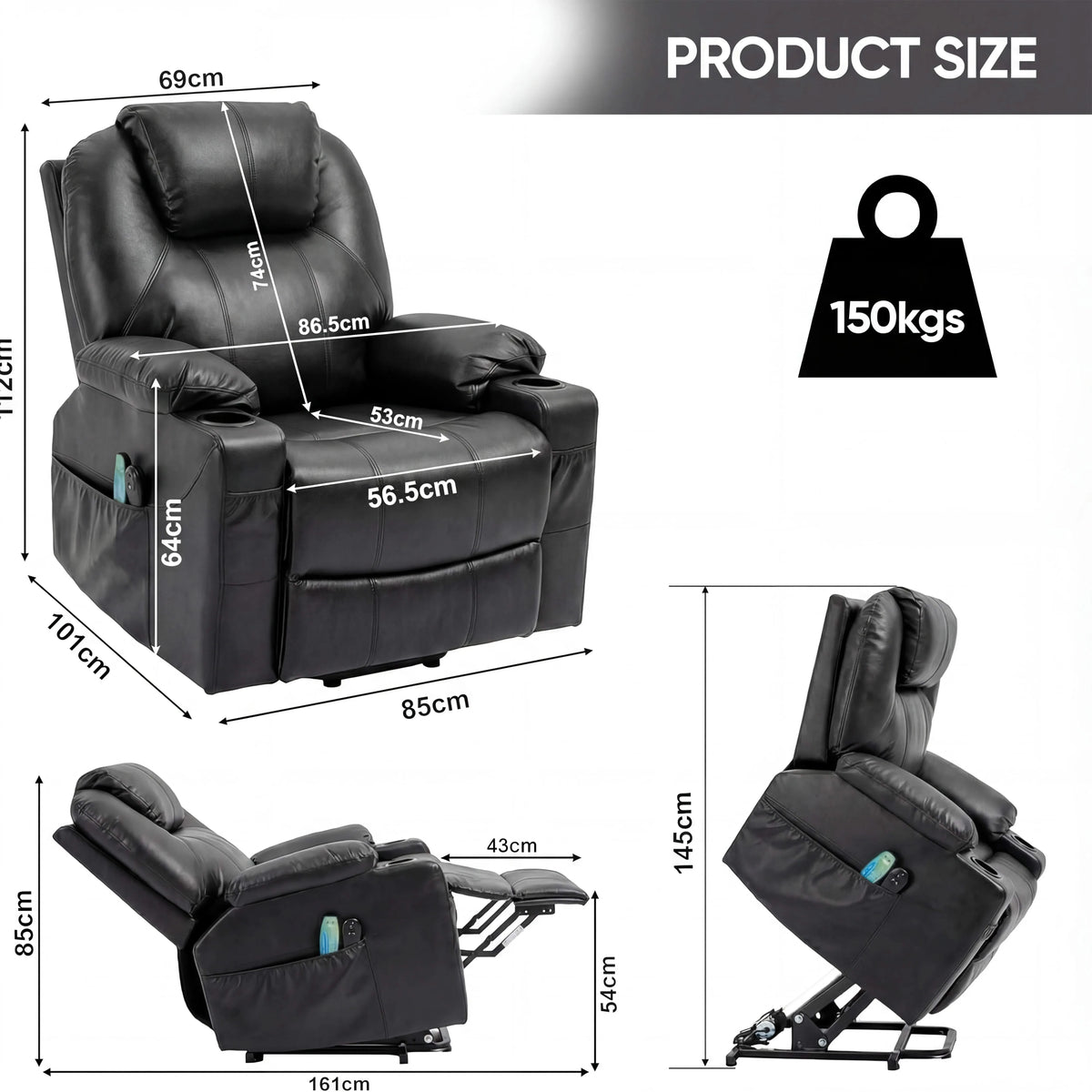 [Black] Electric Recliner Chair For Elderly | Riser Massage Armchair in black leather with heat and massage, shown in upright and reclined positions with dimensions