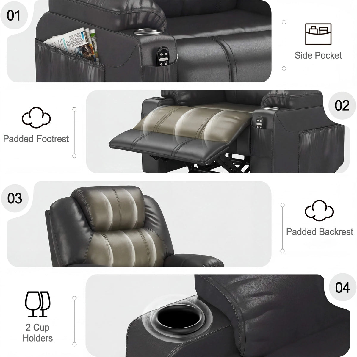[Black] Electric Recliner Chair For Elderly with heat and massage featuring side pocket, padded footrest, padded backrest, and dual cup holders