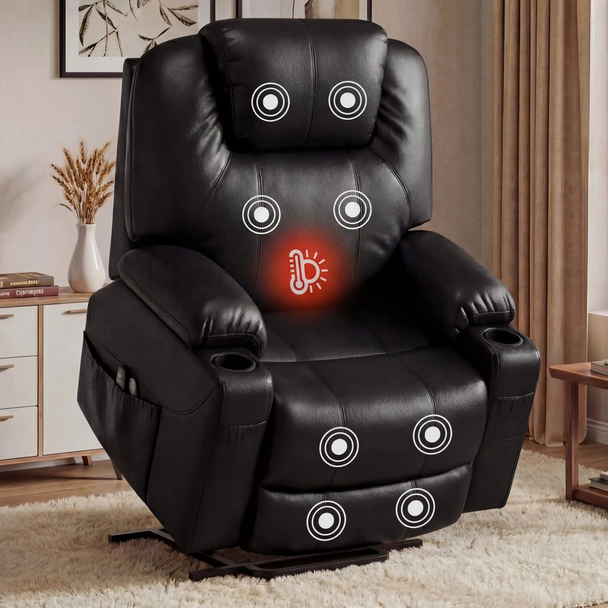 [Black] Electric Recliner Chair For Elderly | Riser Massage Armchair in black leather with heat and massage zones, ideal for living rooms or bedrooms