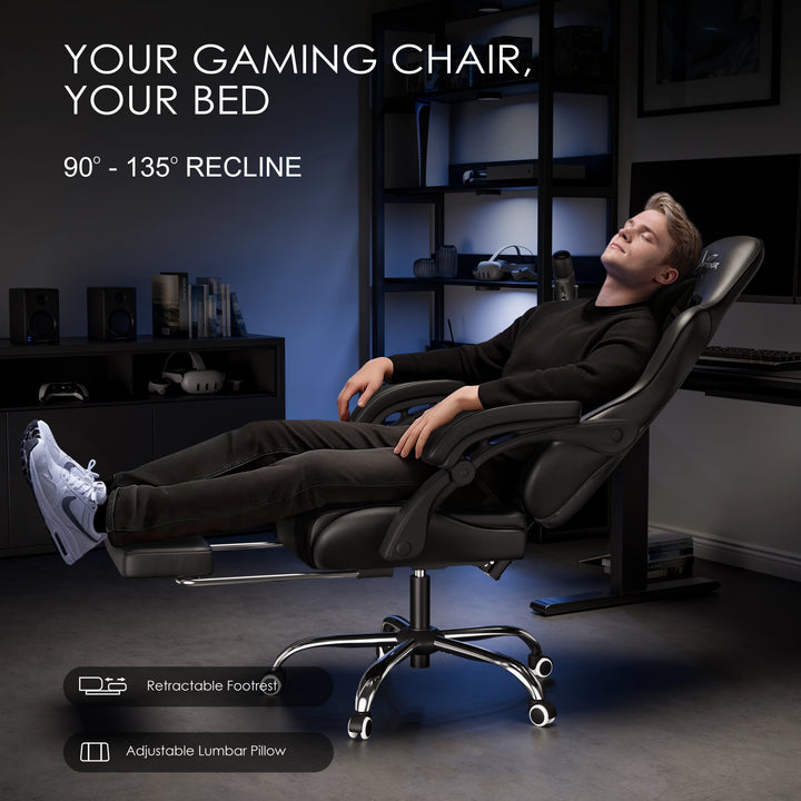 [Black] Xstriker Gaming Chair with Footrest fully reclined at 135°, showing a man relaxing in a home office setup. Features include a retractable footrest and adjustable lumbar pillow.
